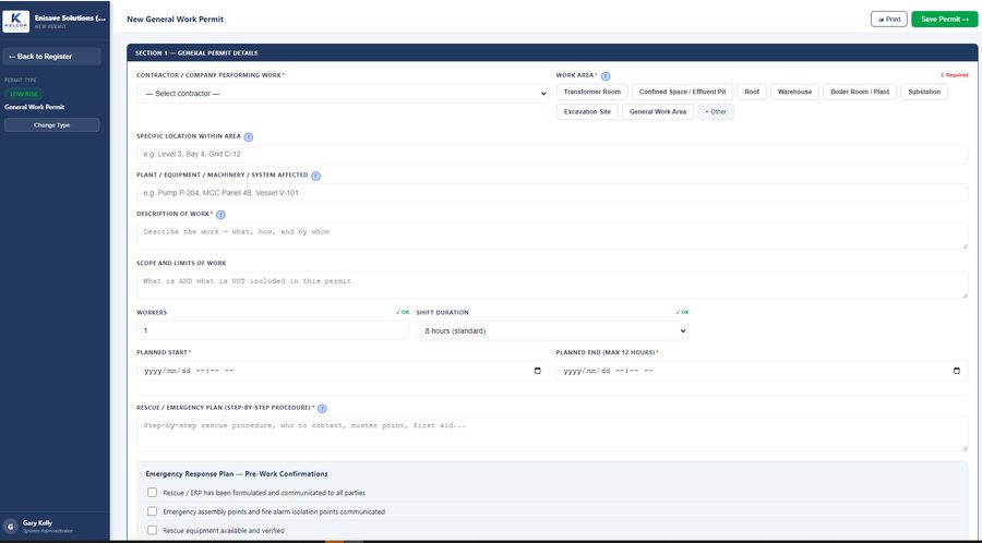 PTW System — Permit to Work form
