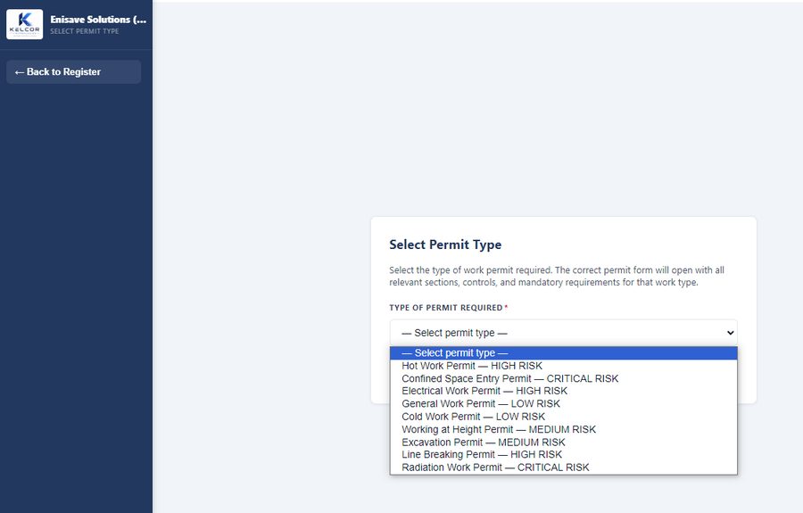 PTW permit type selection