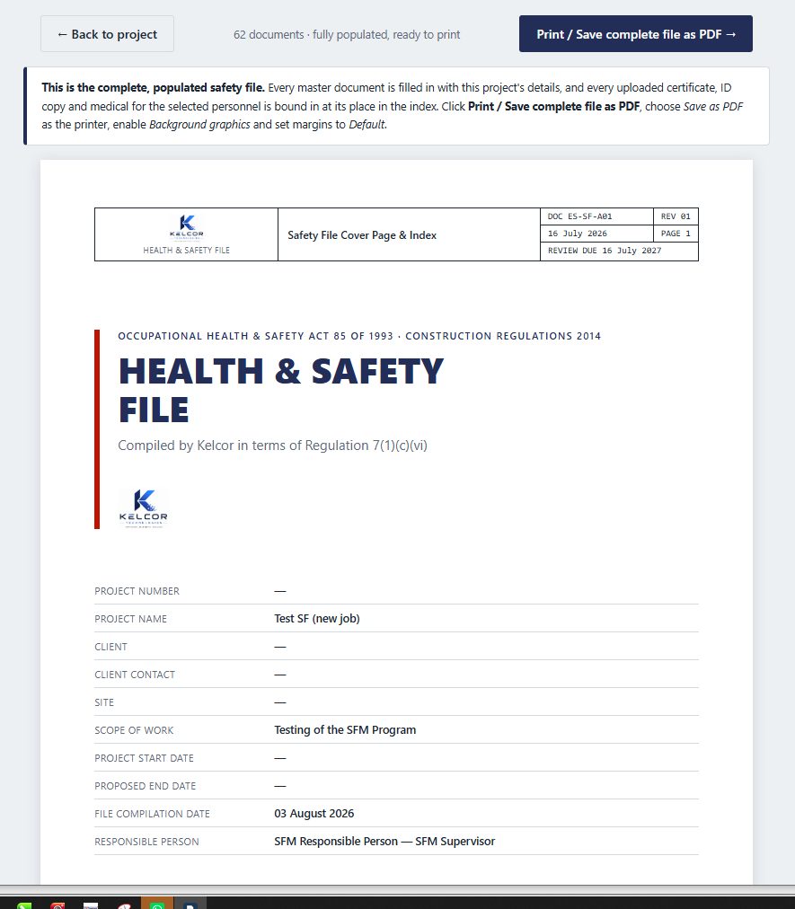 Generated safety file cover page
