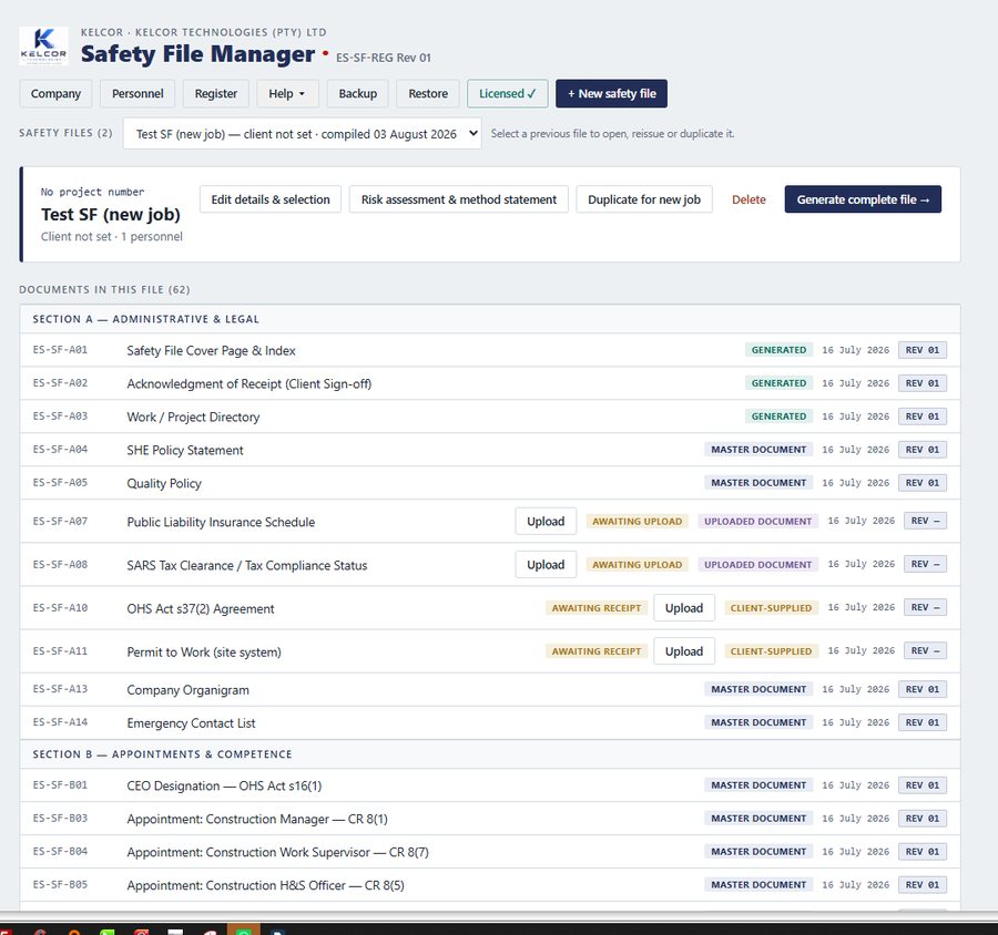 Safety File Manager — Document dashboard